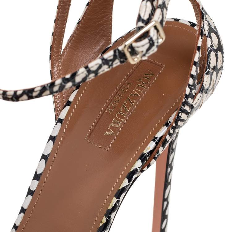 Pre Owned Aquazzura White/Black Python Embossed Leather Open Toe Ankle Strap Sandals Size 41