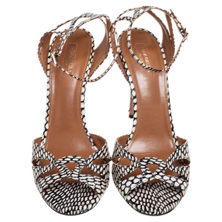 Pre Owned Aquazzura White/Black Python Embossed Leather Open Toe Ankle Strap Sandals Size 41