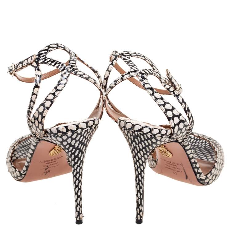 Pre Owned Aquazzura White/Black Python Embossed Leather Open Toe Ankle Strap Sandals Size 41