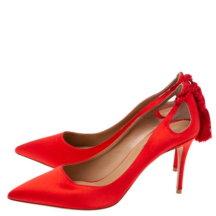 Pre Owned Aquazzura Red Satin Forever Marilyn Cut Out Tassel Detail Pointed Toe Pumps Size 39