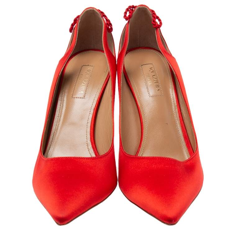 Pre Owned Aquazzura Red Satin Forever Marilyn Cut Out Tassel Detail Pointed Toe Pumps Size 39
