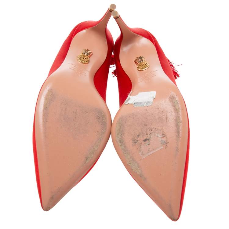 Pre Owned Aquazzura Red Satin Forever Marilyn Cut Out Tassel Detail Pointed Toe Pumps Size 39
