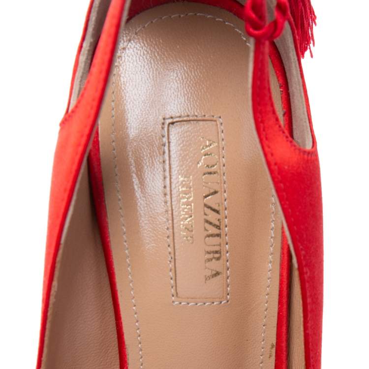 Pre Owned Aquazzura Red Satin Forever Marilyn Cut Out Tassel Detail Pointed Toe Pumps Size 39