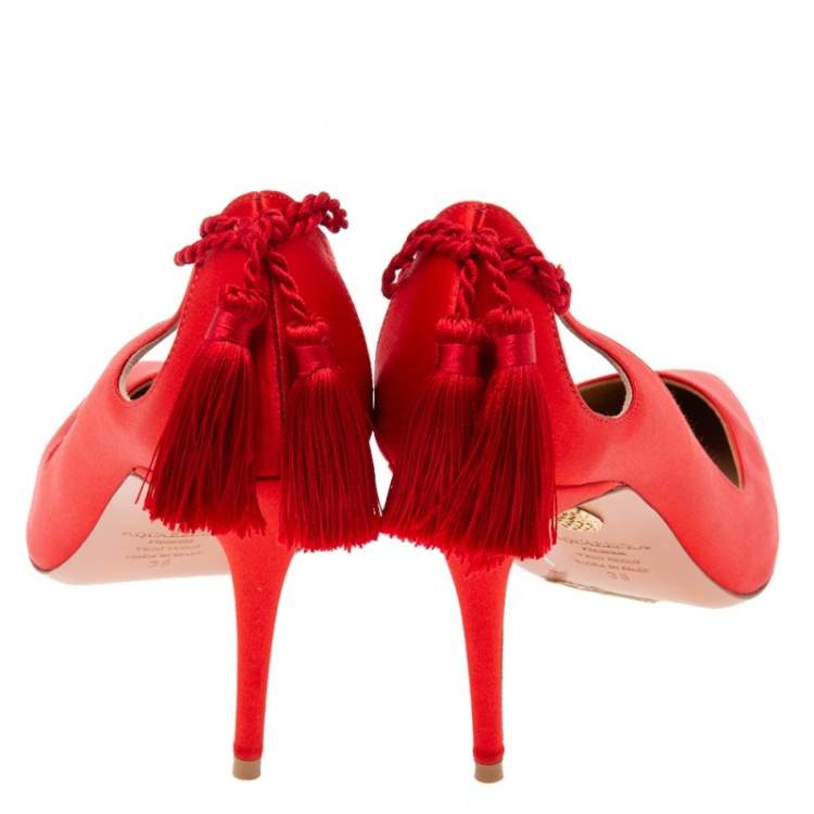 Pre Owned Aquazzura Red Satin Forever Marilyn Cut Out Tassel Detail Pointed Toe Pumps Size 39