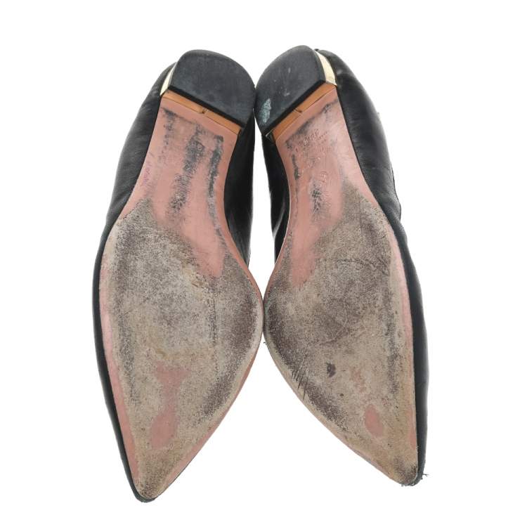 مملوكة مسبقًا Aquazzura Black Leather Pearl Embellished Ballet Flats Size 38.5