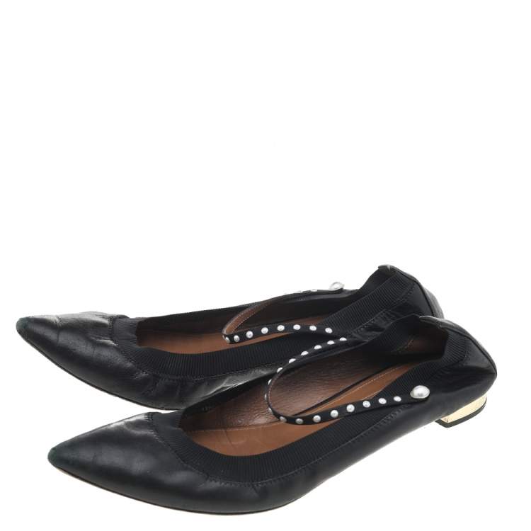 مملوكة مسبقًا Aquazzura Black Leather Pearl Embellished Ballet Flats Size 38.5