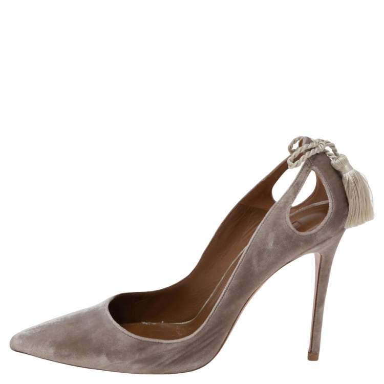 Pre Owned Aquazzura Beige Velvet Forever Marilyn Tassel Pointed Toe Pumps Size 38.5