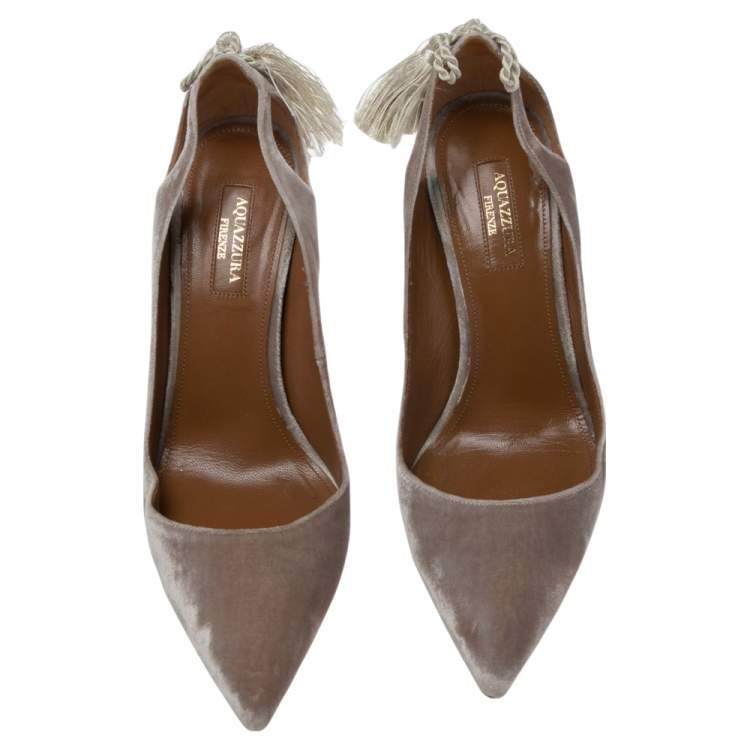 Pre Owned Aquazzura Beige Velvet Forever Marilyn Tassel Pointed Toe Pumps Size 38.5