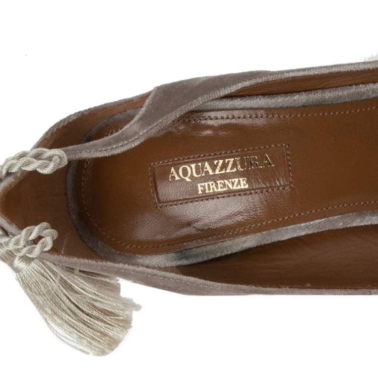 Pre Owned Aquazzura Beige Velvet Forever Marilyn Tassel Pointed Toe Pumps Size 38.5