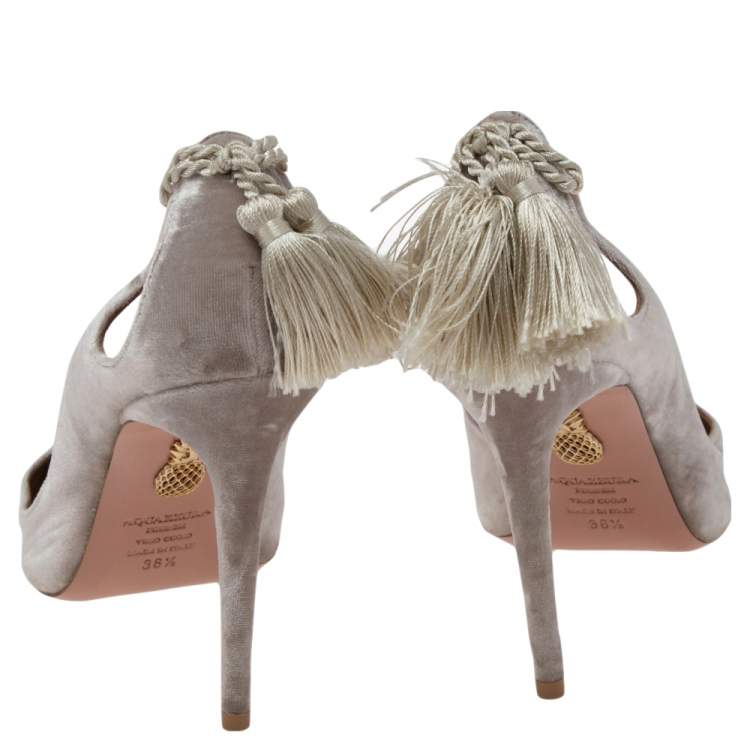 Pre Owned Aquazzura Beige Velvet Forever Marilyn Tassel Pointed Toe Pumps Size 38.5