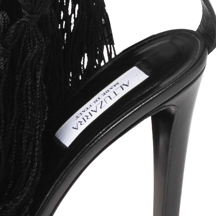 Pre Owned Aquazzura Black  Leather  Fringe Ankle Strap Sandals Size 38.5