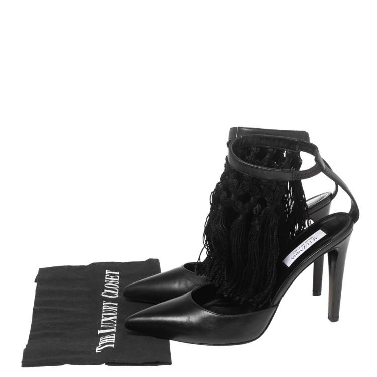 Pre Owned Aquazzura Black  Leather  Fringe Ankle Strap Sandals Size 38.5
