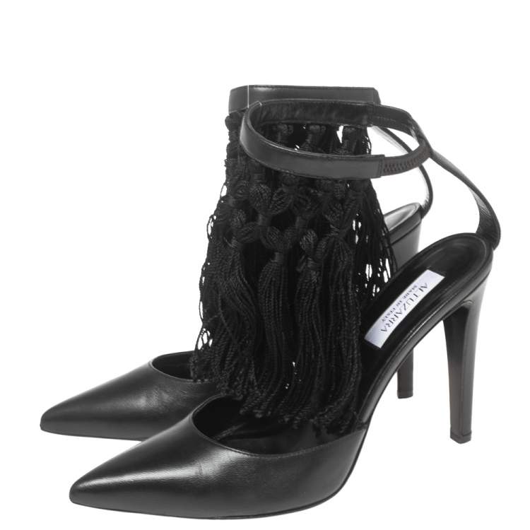 Pre Owned Aquazzura Black  Leather  Fringe Ankle Strap Sandals Size 38.5