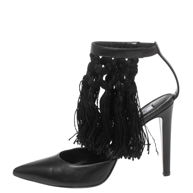 Pre Owned Aquazzura Black  Leather  Fringe Ankle Strap Sandals Size 38.5
