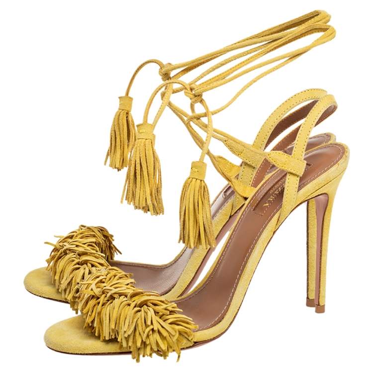 Pre Owned Aquazzura Yellow  Suede Wild Thing Fringe Ankle Wrap Sandals Size 36