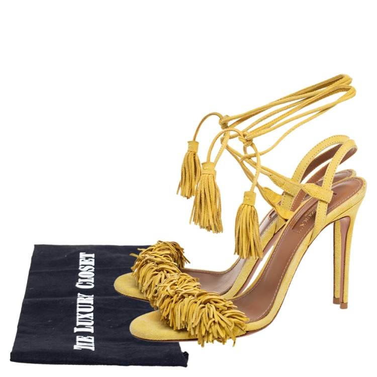 Pre Owned Aquazzura Yellow  Suede Wild Thing Fringe Ankle Wrap Sandals Size 36