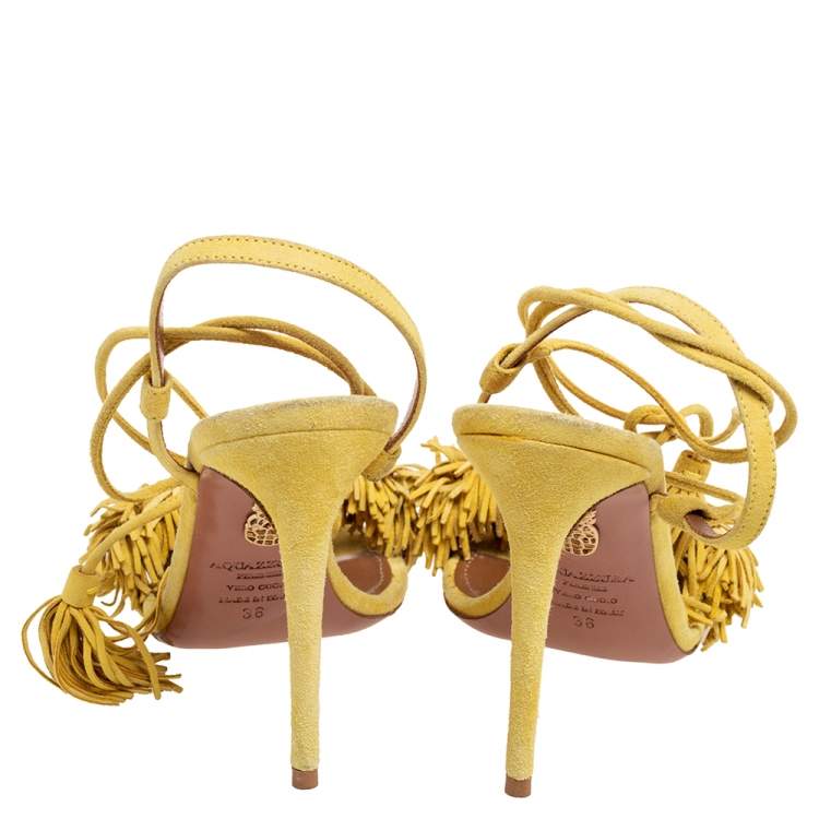 Pre Owned Aquazzura Yellow  Suede Wild Thing Fringe Ankle Wrap Sandals Size 36