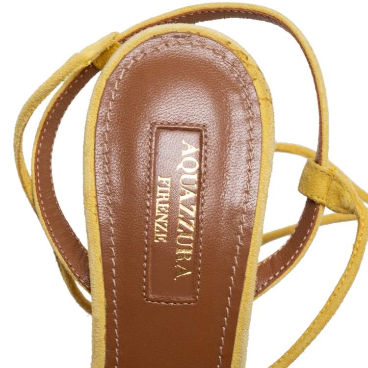 Pre Owned Aquazzura Yellow  Suede Wild Thing Fringe Ankle Wrap Sandals Size 36