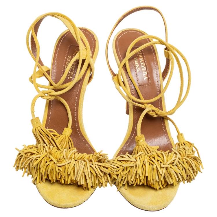 Pre Owned Aquazzura Yellow  Suede Wild Thing Fringe Ankle Wrap Sandals Size 36