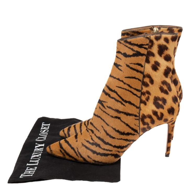 Pre Owned Aquazzura Brown Leopard Print Calf Hair Alma Boots Size 36.5