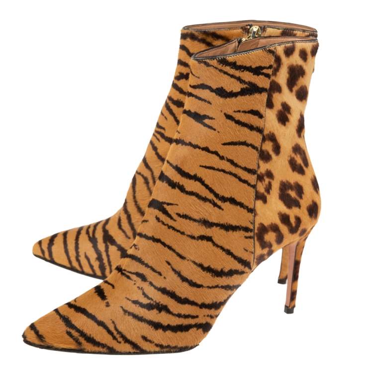 Pre Owned Aquazzura Brown Leopard Print Calf Hair Alma Boots Size 36.5
