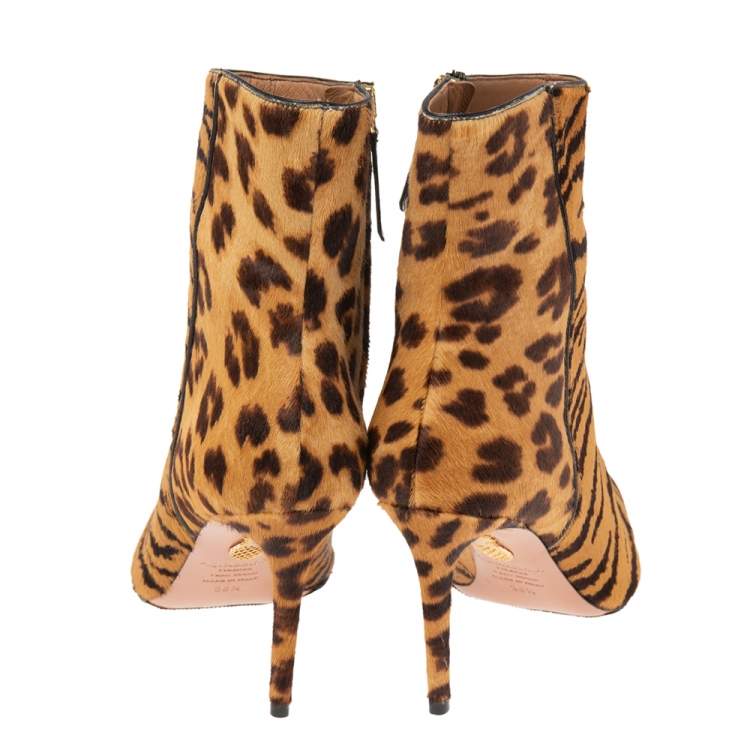 Pre Owned Aquazzura Brown Leopard Print Calf Hair Alma Boots Size 36.5