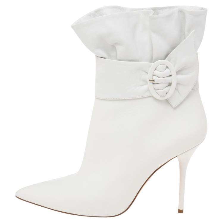 Pre Owned Aquazzura White  Leather Tribeca Ankle Boots Size 39.5