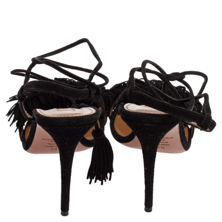 Pre Owned Aquazzura Black Fringed Suede Wild Thing Ankle Wrap Sandals Size 38.5