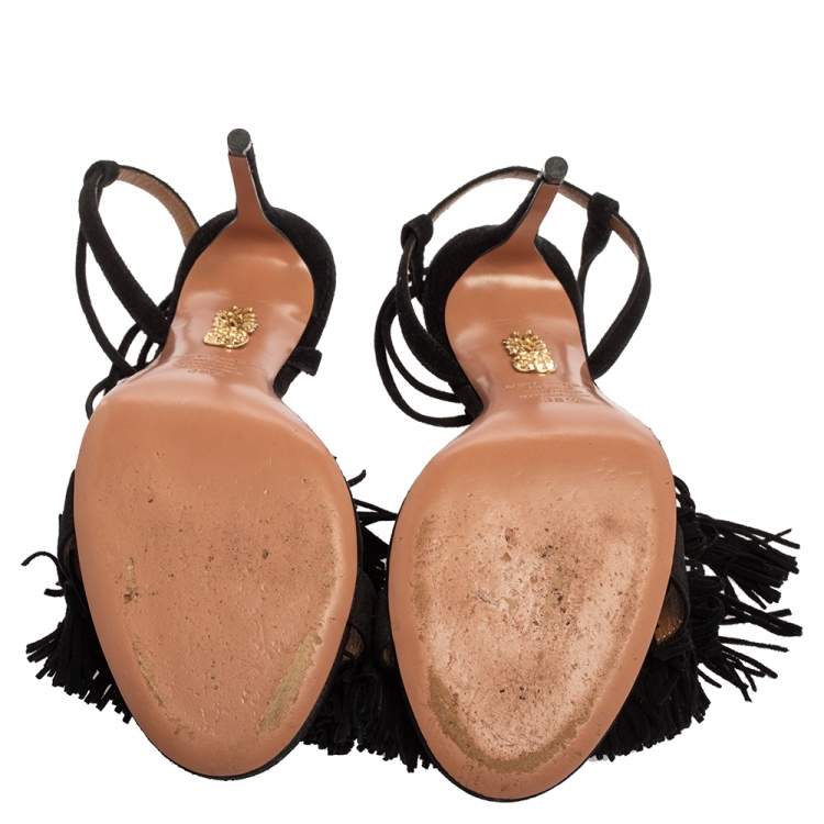 Pre Owned Aquazzura Black Fringed Suede Wild Thing Ankle Wrap Sandals Size 38.5