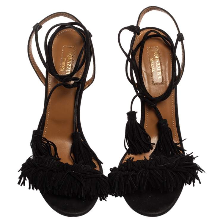 Pre Owned Aquazzura Black Fringed Suede Wild Thing Ankle Wrap Sandals Size 38.5