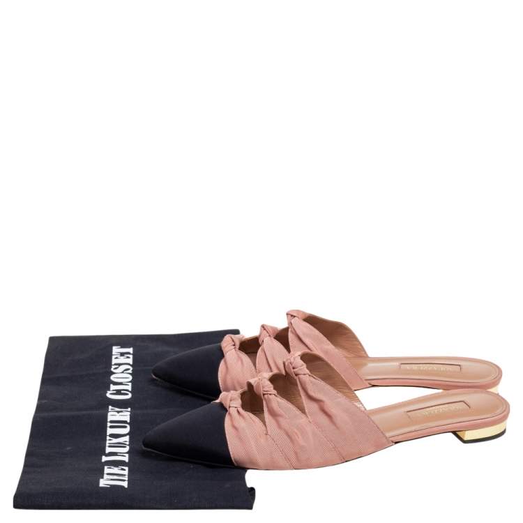 مملوكة مسبقًا Aquazzura Beige/Black Fabric Twist Cap Toe Mules Size 38.5