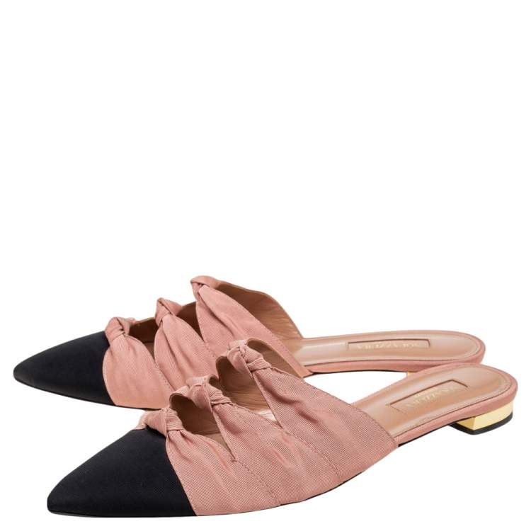 مملوكة مسبقًا Aquazzura Beige/Black Fabric Twist Cap Toe Mules Size 38.5