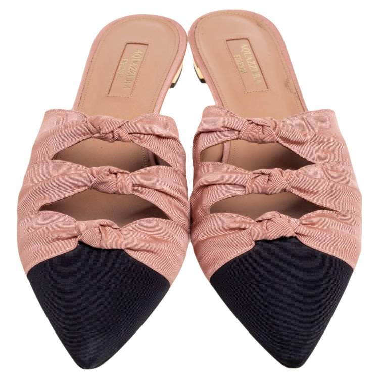 مملوكة مسبقًا Aquazzura Beige/Black Fabric Twist Cap Toe Mules Size 38.5