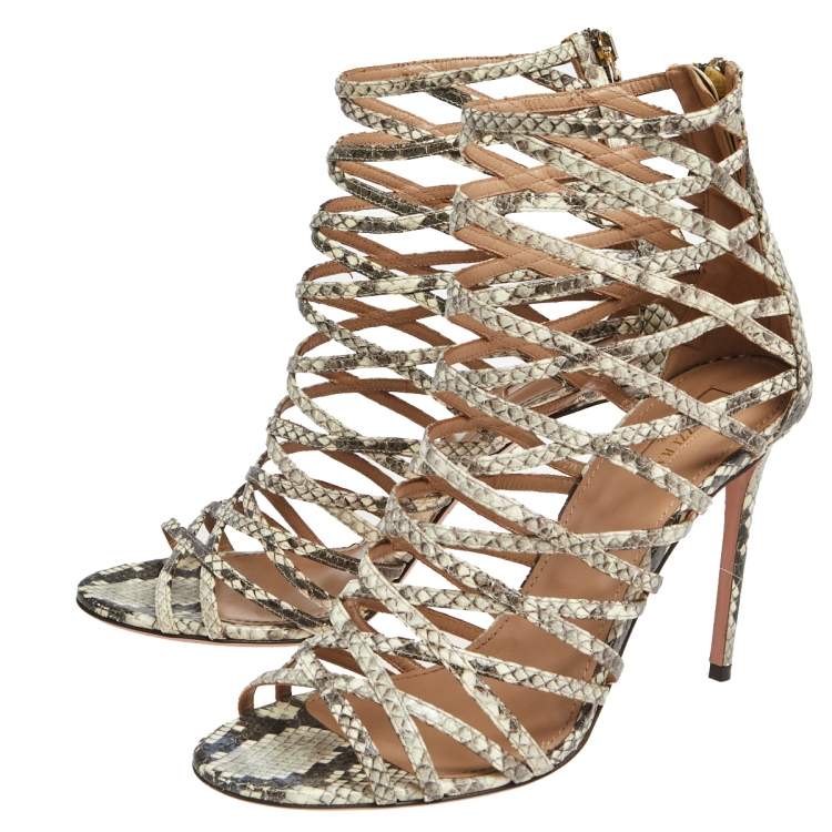 Pre Owned Aquazzura Cream/Brown Python Embossed Leather Knockout Cage Sandals Size 41