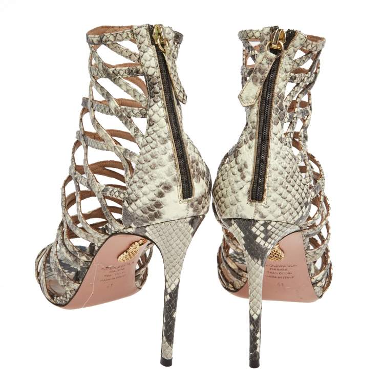 Pre Owned Aquazzura Cream/Brown Python Embossed Leather Knockout Cage Sandals Size 41