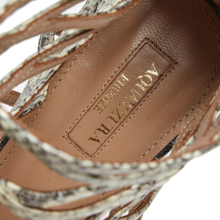 Pre Owned Aquazzura Cream/Brown Python Embossed Leather Knockout Cage Sandals Size 41