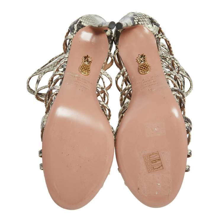 Pre Owned Aquazzura Cream/Brown Python Embossed Leather Knockout Cage Sandals Size 41