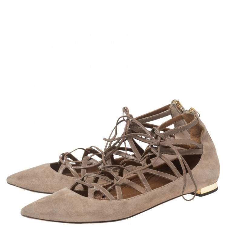 Pre Owned Aquazzura Beige Suede Dancer Lace Up Ballet Flats Size 38