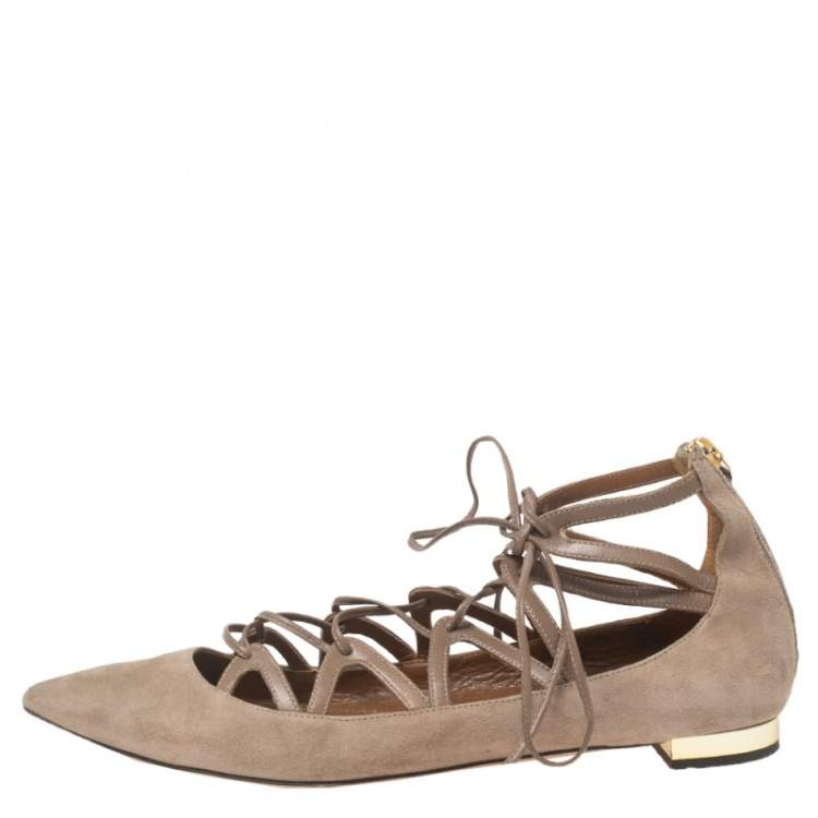 Pre Owned Aquazzura Beige Suede Dancer Lace Up Ballet Flats Size 38
