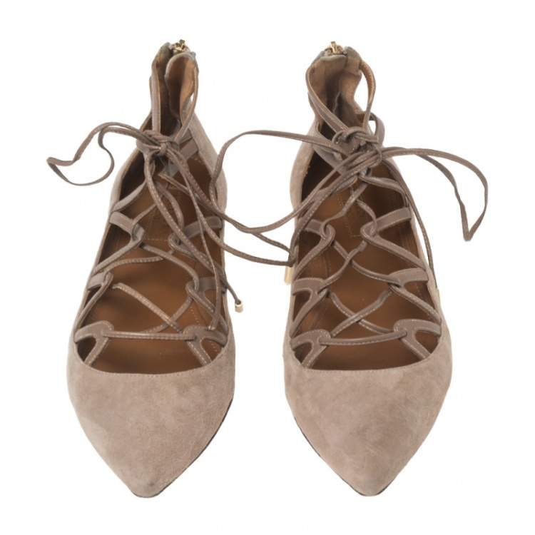 Pre Owned Aquazzura Beige Suede Dancer Lace Up Ballet Flats Size 38