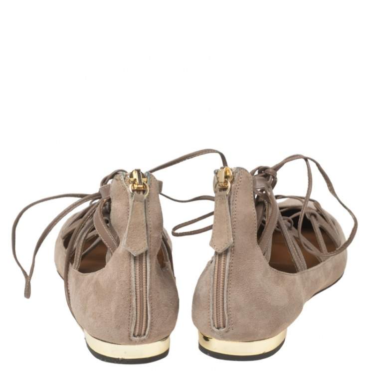 Pre Owned Aquazzura Beige Suede Dancer Lace Up Ballet Flats Size 38