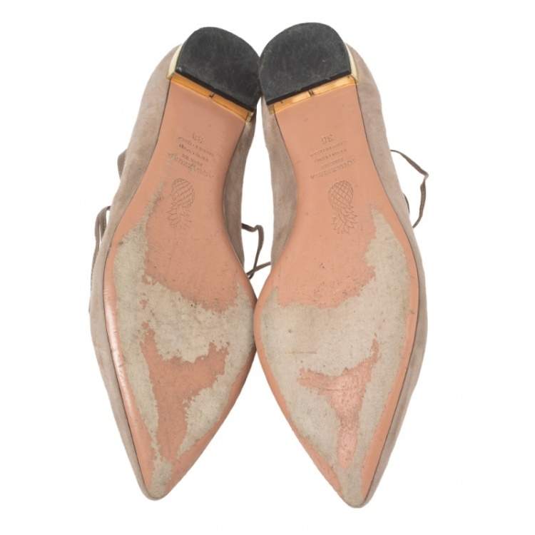 Pre Owned Aquazzura Beige Suede Dancer Lace Up Ballet Flats Size 38