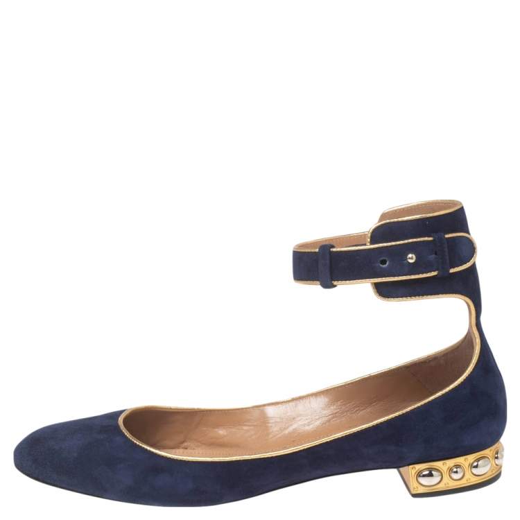 Pre Owned Aquazzura Royal Blue Suede Lucky Star Ankle-Strap Ballet Flats Size 40