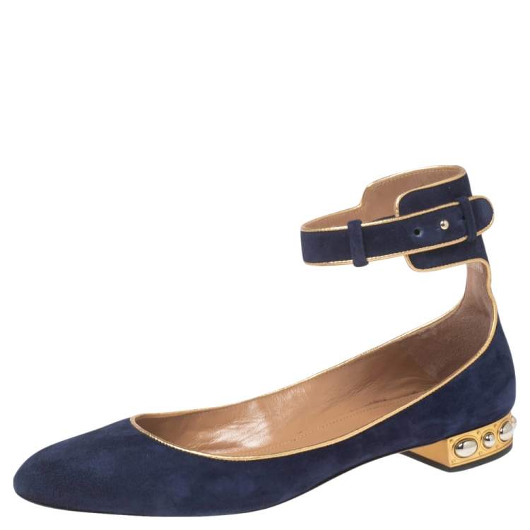 Pre Owned Aquazzura Royal Blue Suede Lucky Star Ankle-Strap Ballet Flats Size 40