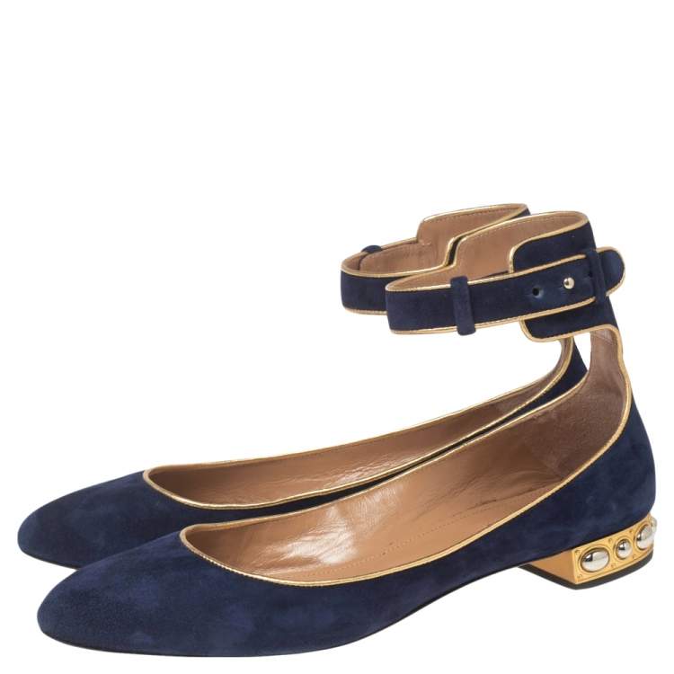 Pre Owned Aquazzura Royal Blue Suede Lucky Star Ankle-Strap Ballet Flats Size 40