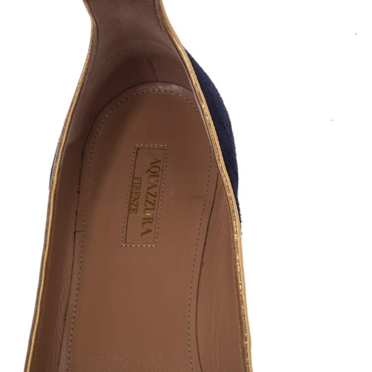 Pre Owned Aquazzura Royal Blue Suede Lucky Star Ankle-Strap Ballet Flats Size 40