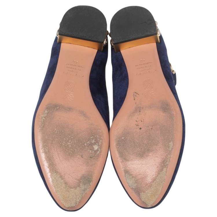 Pre Owned Aquazzura Royal Blue Suede Lucky Star Ankle-Strap Ballet Flats Size 40