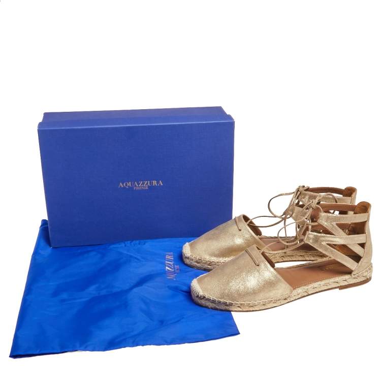 Pre Owned Aquazzura Gold Glitter Suede Ankle Wrap Espadrille Flat Sandals Size 38.5