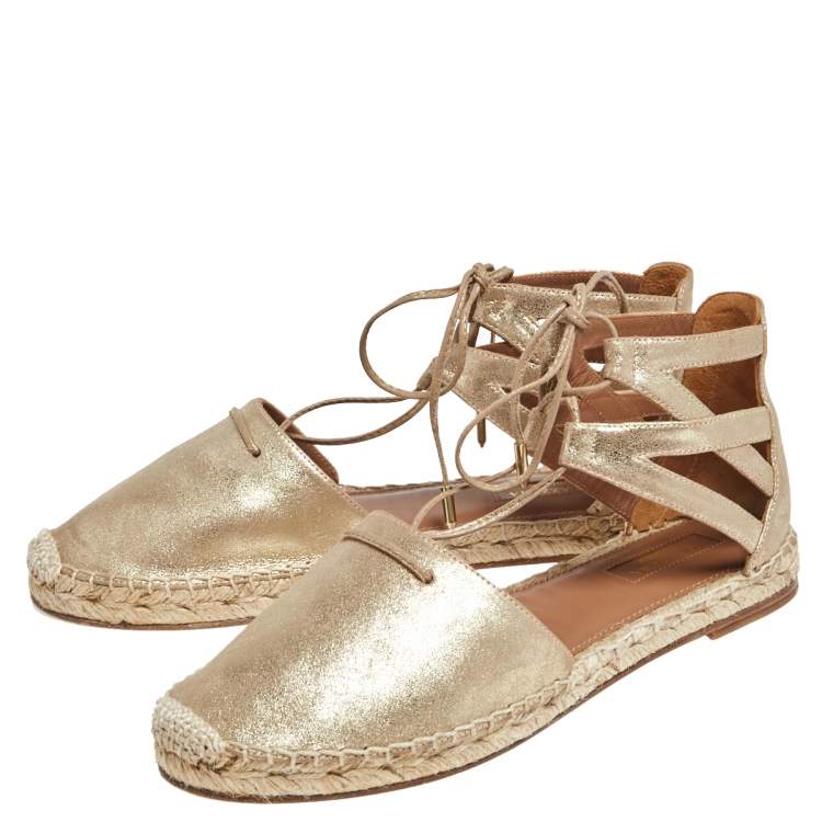Pre Owned Aquazzura Gold Glitter Suede Ankle Wrap Espadrille Flat Sandals Size 38.5