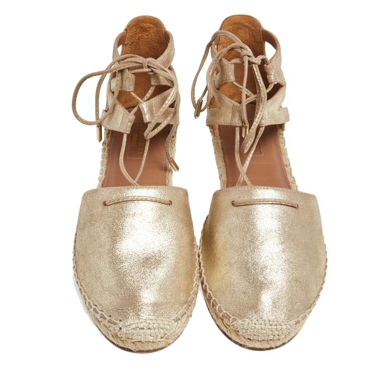 Pre Owned Aquazzura Gold Glitter Suede Ankle Wrap Espadrille Flat Sandals Size 38.5